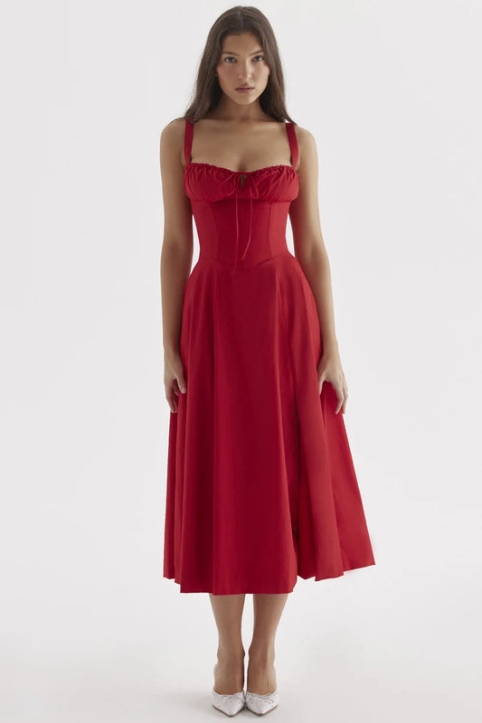 Effortless Elegance A-Line Midi Dress in Sapphire Red with a Backless Touch