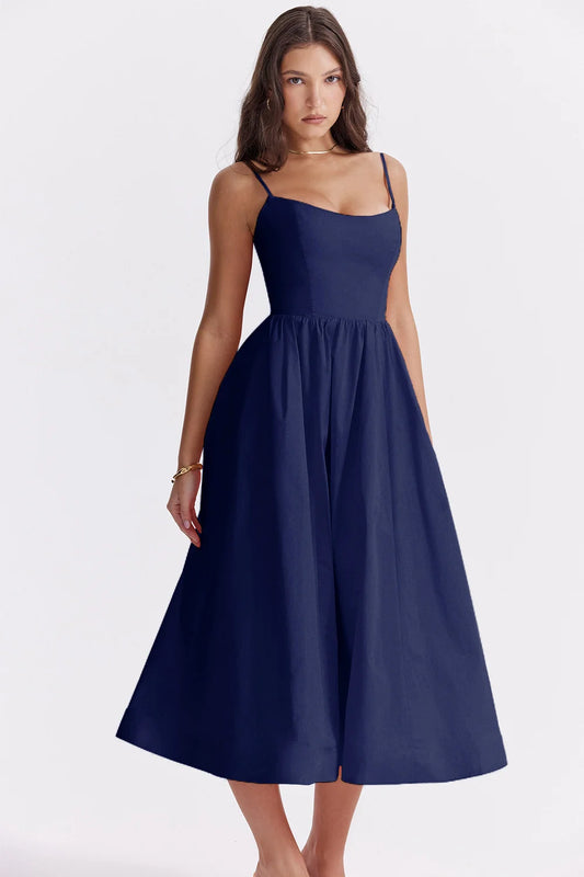 Embrace Effortless Elegance: The Navy Blue A-Line Midi Dress