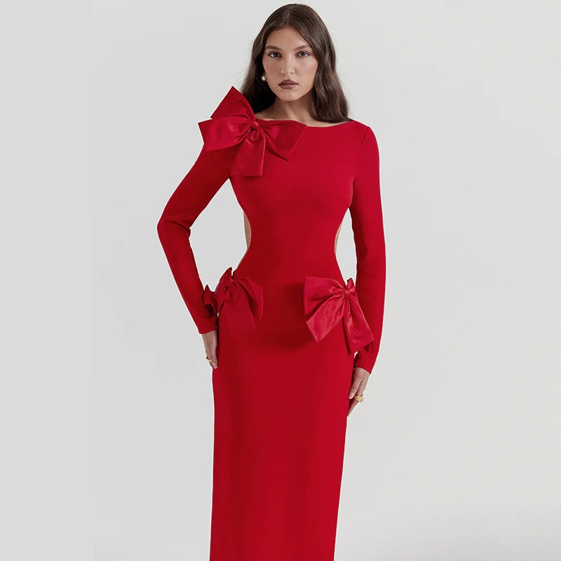 Alluring All Year Round: Long-Sleeve Maxi Dress with Bow Detail