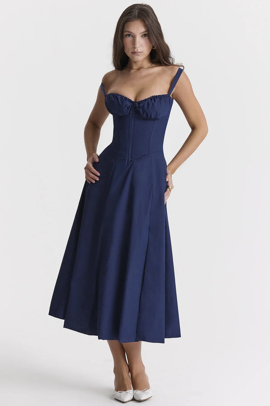 Effortless Elegance A-Line Midi Dress in Sapphire Blue with a Backless Touch