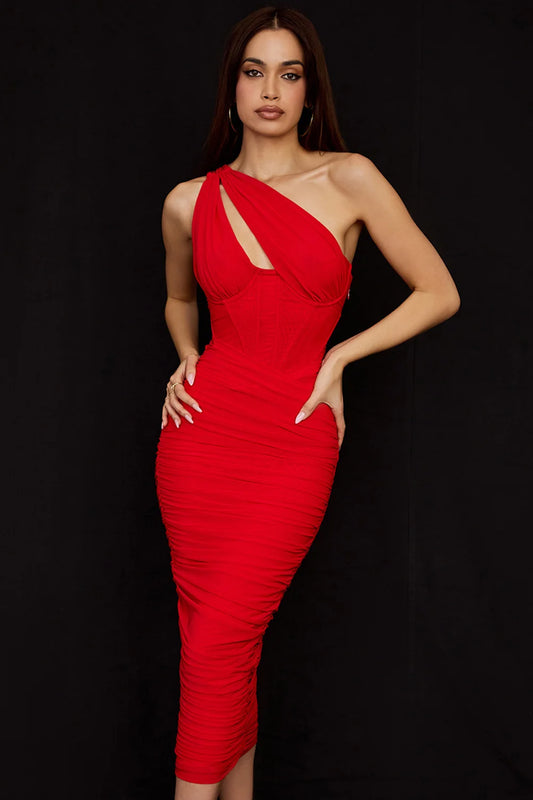 Unveil Allure in Red: The One-Shoulder Mesh Midi Dress