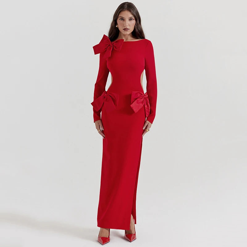 Alluring All Year Round: Long-Sleeve Maxi Dress with Bow Detail