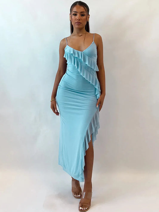 Timeless Summer Style V-Neck Ruffle Maxi Dress with a High Slit