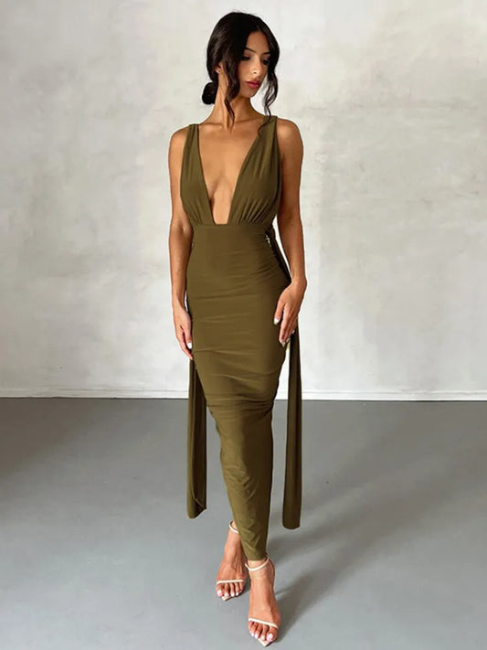 Dare to Dazzle: The Deep V-Neck Backless Ruched Maxi Dress
