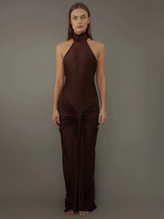 Command Attention in Rich Brown: The Turtleneck Backless Maxi Dress for Bold Statements